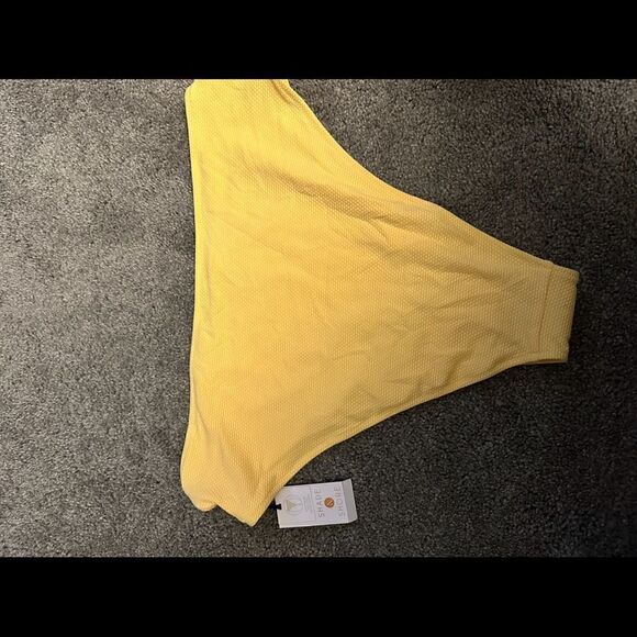 Shade & Shore Lurex Cinched Tie Back High Waist Coverage Bikini Bottom XL Yellow - Picture 5 of 7